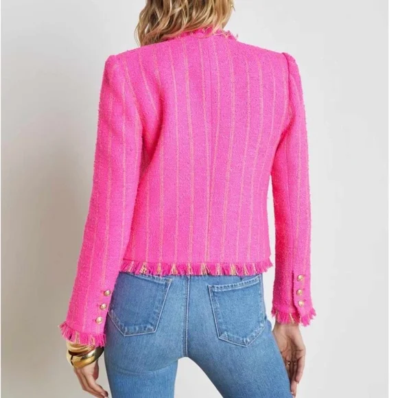 NEW L'AGENCE Tinlee Tweed Jacket - Barbie Pink Shocking Pink Gold Stripe - Picture 11 of 12